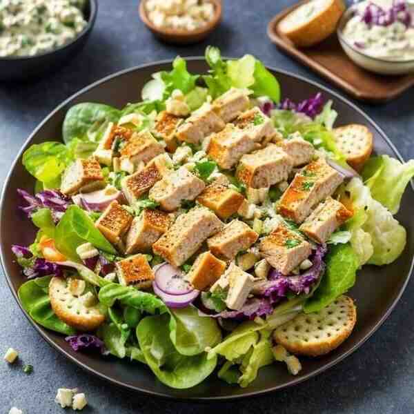 Куриный салат на чесночных гренках